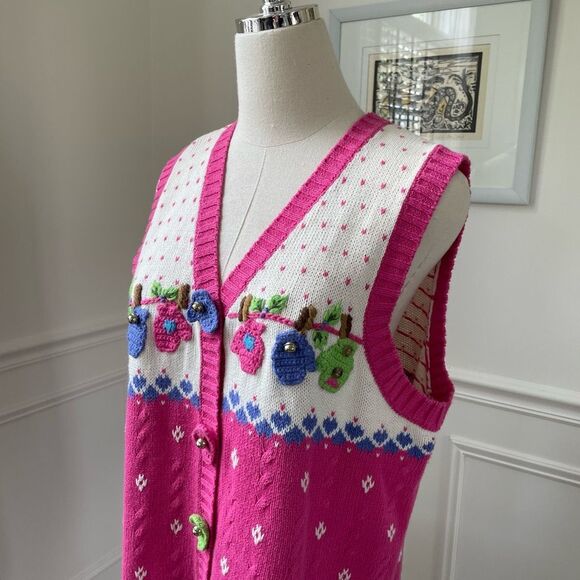 Vintage Quacker Factory Button Front Sweater Vest Novelty Mitten Knit Pink S - Picture 5 of 11